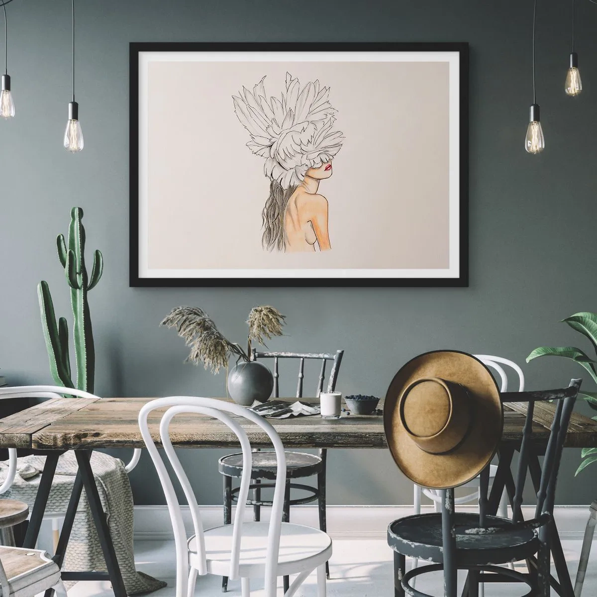 Póster en marco negro - Retrato de una mujer con decoración de plumas en estilo artístico. - 70x50cm - Belleza coronada - Decoración de pared moderna para salón y dormitorio ARTTOR