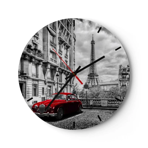 Reloj de pared - Reloj de vidrio - Vista en blanco y negro de la Torre Eiffel con un coche retro rojo. - 30x30cm - Un depredador en la ciudad - Decoración de pared moderna para salón, cocina y dormitorio ARTTOR