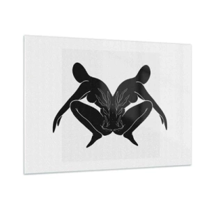 Cuadro sobre vidrio - Impresiones sobre Vidrio - Figuras negras que forman un corazón simétrico sobre un fondo blanco. - 100x70cm - Un alma compartida - Decoración de pared moderna para salón y dormitorio ARTTOR