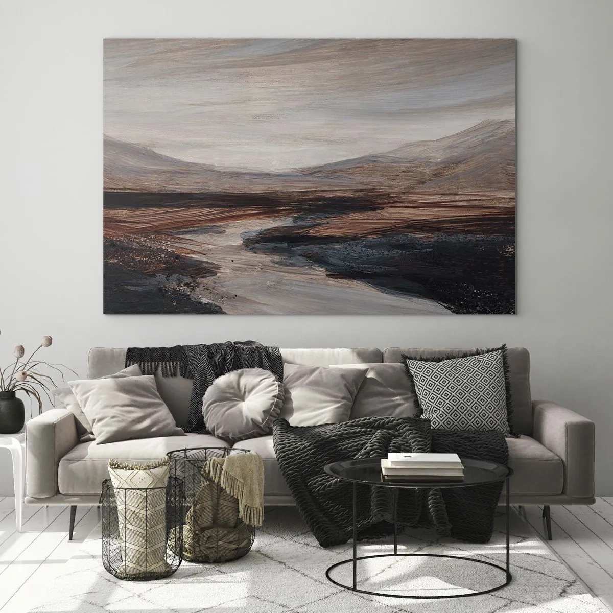 Cuadro sobre vidrio - Impresiones sobre Vidrio - Un valle pintoresco con un río en tonos marrones y azules. - 70x50cm -  Valle apacible - Decoración de pared moderna para salón y dormitorio ARTTOR