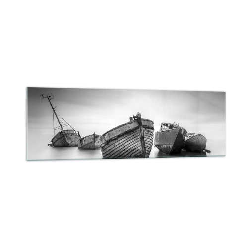Cuadro sobre vidrio - Impresiones sobre Vidrio - Barcos abandonados en aguas tranquilas - 160x50cm - Ahora solo quedan los recuerdos... - Decoración de pared moderna para salón y dormitorio ARTTOR