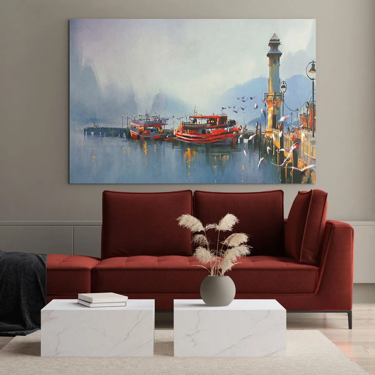 Cuadro sobre vidrio - Impresiones sobre Vidrio - Un puerto con barcos rojos, un faro y pájaros con las montañas como telón de fondo. - 120x80cm - En el fin del mundo - Decoración de pared moderna para salón y dormitorio ARTTOR