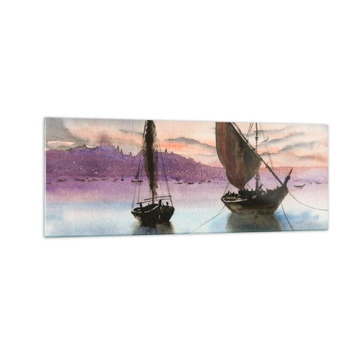 Cuadro sobre vidrio - Impresiones sobre Vidrio - Dos veleros amarrados en aguas tranquilas al anochecer - 140x50cm - Atardecer en el puerto - Decoración de pared moderna para salón y dormitorio ARTTOR