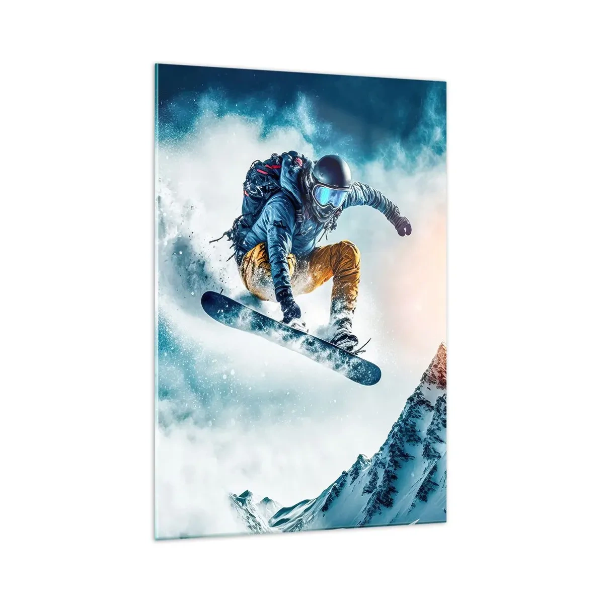 Cuadro sobre vidrio - Impresiones sobre Vidrio - Un snowboarder vuela sobre montañas nevadas. - 70x100cm - Emociones extremas - Decoración de pared moderna para salón y dormitorio ARTTOR