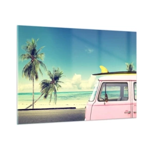 Cuadro sobre vidrio - Impresiones sobre Vidrio - Una playa con palmeras y una furgoneta retro rosa junto al mar. - 100x70cm - Comienzan las vacaciones - Decoración de pared moderna para salón y dormitorio ARTTOR