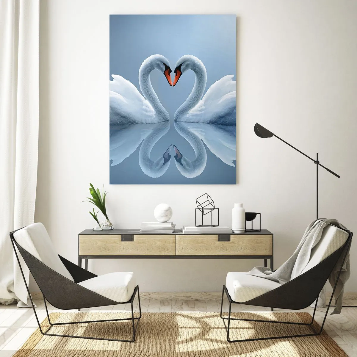 Cuadro sobre vidrio - Impresiones sobre Vidrio - Dos cisnes formando un corazón en la superficie del agua. - 50x70cm - Tiempo de amor - Decoración de pared moderna para salón y dormitorio ARTTOR