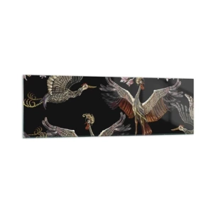 Cuadro sobre vidrio - Impresiones sobre Vidrio - Grullas y flores elegantes sobre un fondo negro. - 160x50cm - Aves de cuento de hadas - Decoración de pared moderna para salón y dormitorio ARTTOR