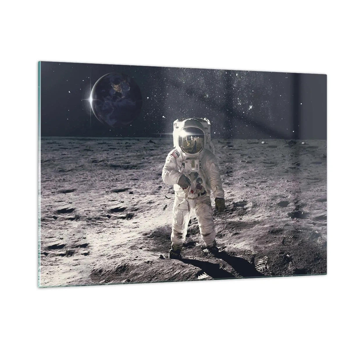 Cuadro sobre vidrio - Impresiones sobre Vidrio - Astronauta en la superficie de la Luna con la Tierra al fondo - 120x80cm - Saludos desde la Luna - Decoración de pared moderna para salón y dormitorio ARTTOR