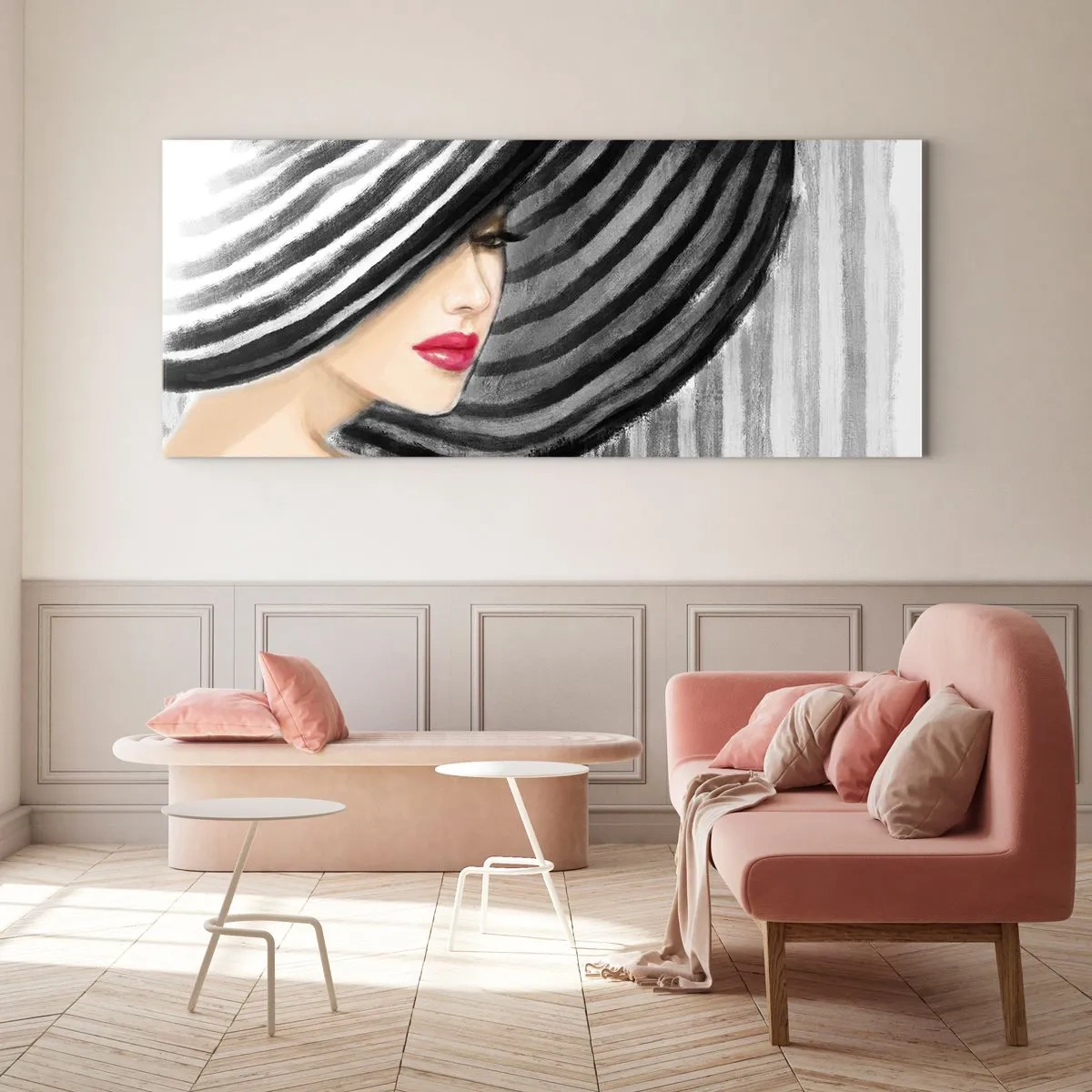 Cuadro sobre vidrio - Impresiones sobre Vidrio - Mujer con un sombrero blanco y negro con acento rojo. - 120x50cm - ¿Dónde puedo encontrarte? - Decoración de pared moderna para salón y dormitorio ARTTOR