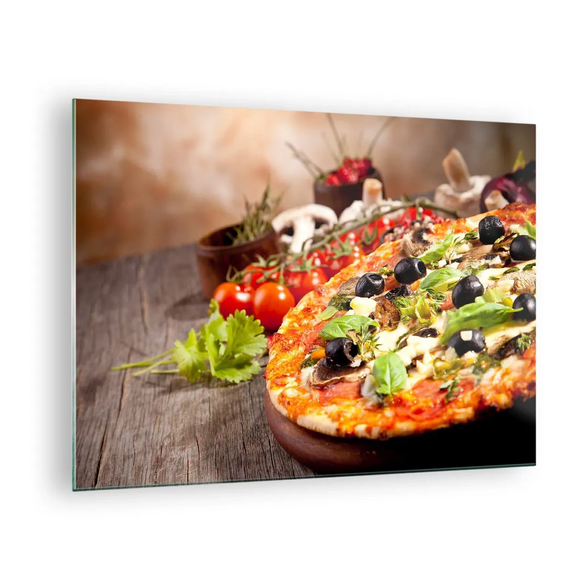 Cuadro sobre vidrio - Impresiones sobre Vidrio - Pizza con aceitunas, champiñones y hierbas frescas sobre una mesa de madera. - 70x50cm - De ingredientes puros - Decoración de pared moderna para salón y dormitorio ARTTOR
