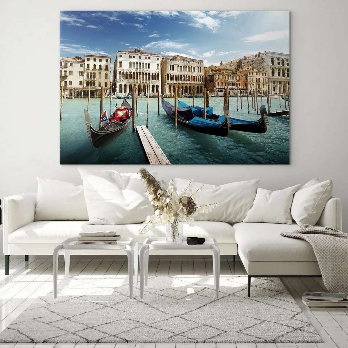 Cuadro sobre vidrio - Impresiones sobre Vidrio - Góndolas en un canal de Venecia en un día soleado - 120x80cm - Palacios en azul - Decoración de pared moderna para salón y dormitorio ARTTOR