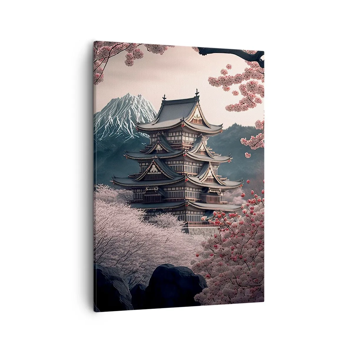 Cuadro sobre lienzo - Impresión de Imagen - Un templo japonés rodeado de flores de cerezo y montañas. - 50x70cm - Tierra de cerezos en flor - Decoración de pared moderna para salón y dormitorio ARTTOR