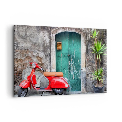 Cuadro sobre lienzo - Impresión de Imagen - Scooter rojo junto a la puerta verde - 120x80cm - Vacaciones en Italia - Decoración de pared moderna para salón y dormitorio ARTTOR