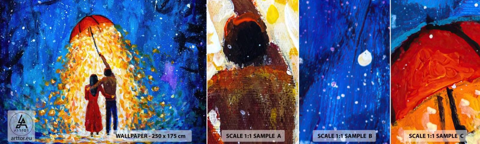 Muestra de fotomural autoadhesivo Deluxe Sticker - La magia de una tarde lluviosa - Romántico, Pareja, Amar - 100x30 cm