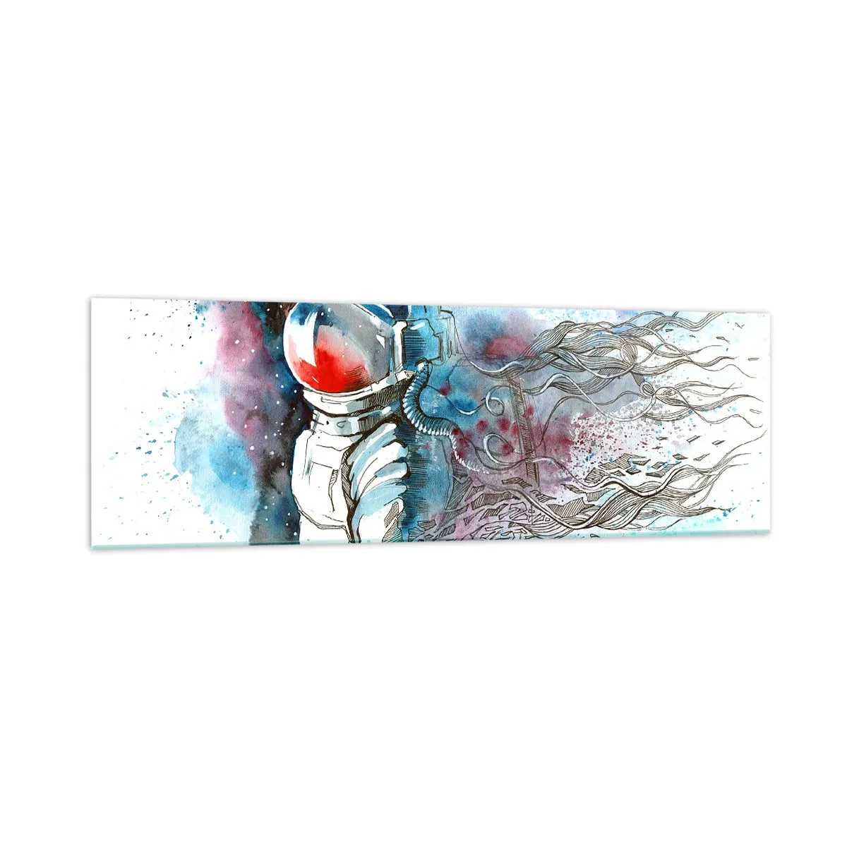 Cuadro sobre vidrio - Impresiones sobre Vidrio - Un cosmonauta en una acuarela dinámica con detalles cósmicos. - 160x50cm - A solas con el cosmos - Decoración de pared moderna para salón y dormitorio ARTTOR