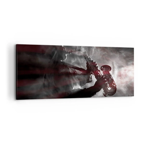 Cuadro sobre lienzo - Impresión de Imagen - Saxofonista en humo en el escenario en negro y rojo atmosférico - 120x50cm - En el vapor del jazz - Decoración de pared moderna para salón y dormitorio ARTTOR