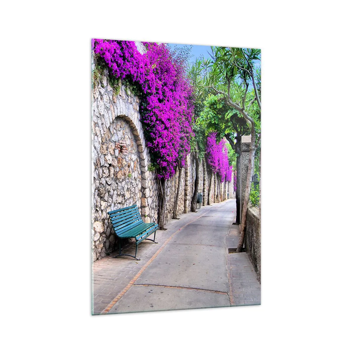 Cuadro sobre vidrio - Impresiones sobre Vidrio - Un camino de piedra con un banco y flores moradas en flor. - 70x100cm - Punto de reunión - Decoración de pared moderna para salón y dormitorio ARTTOR