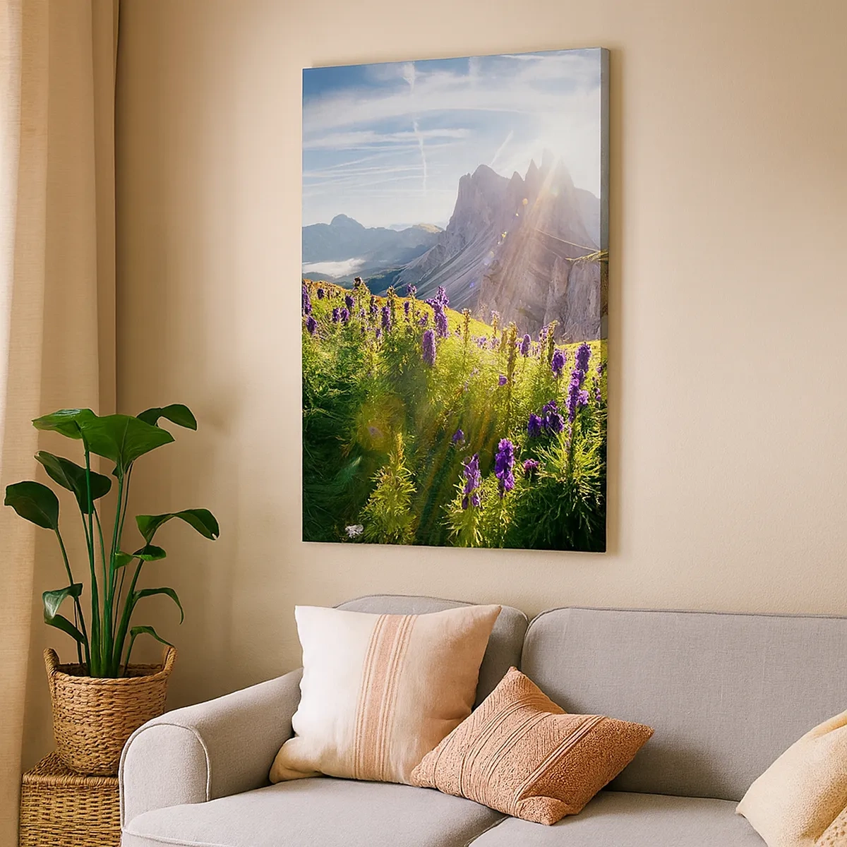 Cuadro sobre lienzo - Impresión de Imagen - Paisaje de montaña con flores a la luz del sol naciente. - 50x70cm - La vida secreta de las hierbas - Decoración de pared moderna para salón y dormitorio ARTTOR