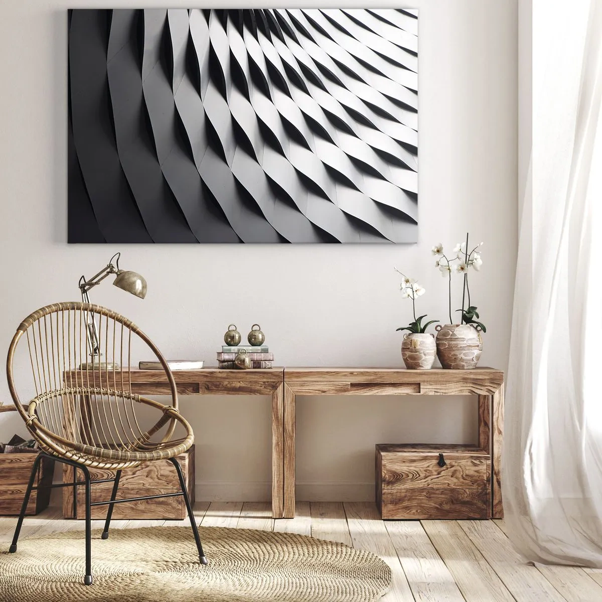 Cuadro sobre lienzo - Impresión de Imagen - Patrón geométrico abstracto en tonos blanco y negro. - 100x70cm - En la superficie de las ondas - Decoración de pared moderna para salón y dormitorio ARTTOR