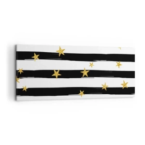 Cuadro sobre lienzo - Impresión de Imagen - Rayas blancas y negras con estrellas doradas - 120x50cm - Todos hemos nacido bajo una estrella de la suerte - Decoración de pared moderna para salón y dormitorio ARTTOR