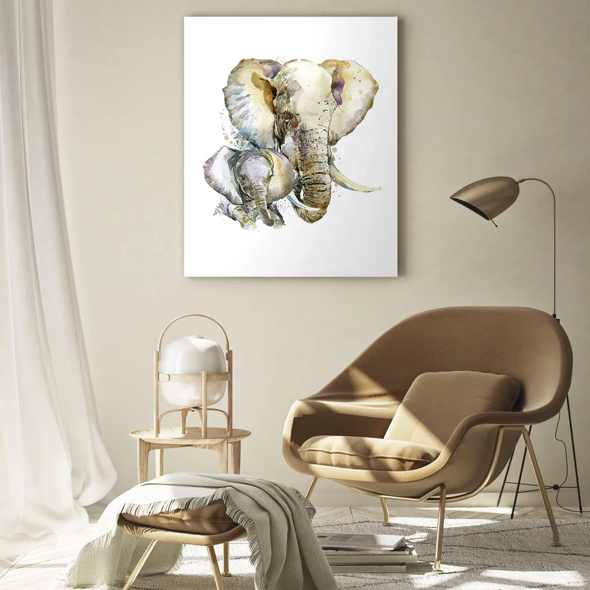 Cuadro sobre vidrio - Impresiones sobre Vidrio - Elefantes artísticos en estilo acuarela sobre un fondo blanco. - 50x70cm - Con nadie como con la madre - Decoración de pared moderna para salón y dormitorio ARTTOR