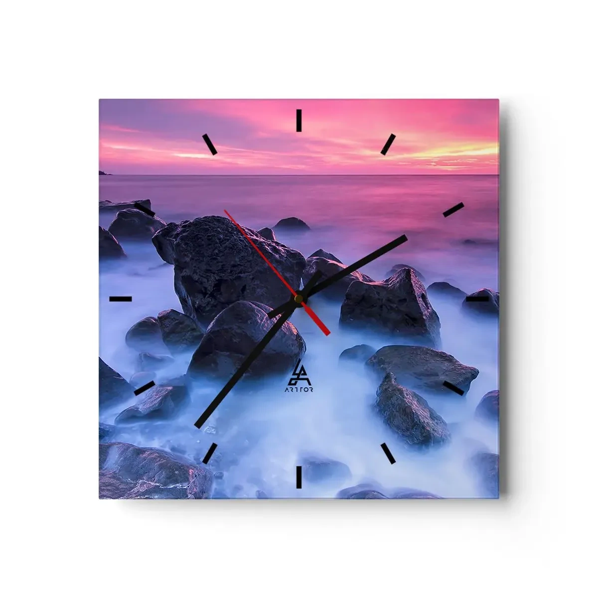 Reloj de pared - Reloj de vidrio - Costa rocosa al atardecer - 30x30cm - Nacimiento en la luz y la niebla - Decoración de pared moderna para salón y dormitorio ARTTOR