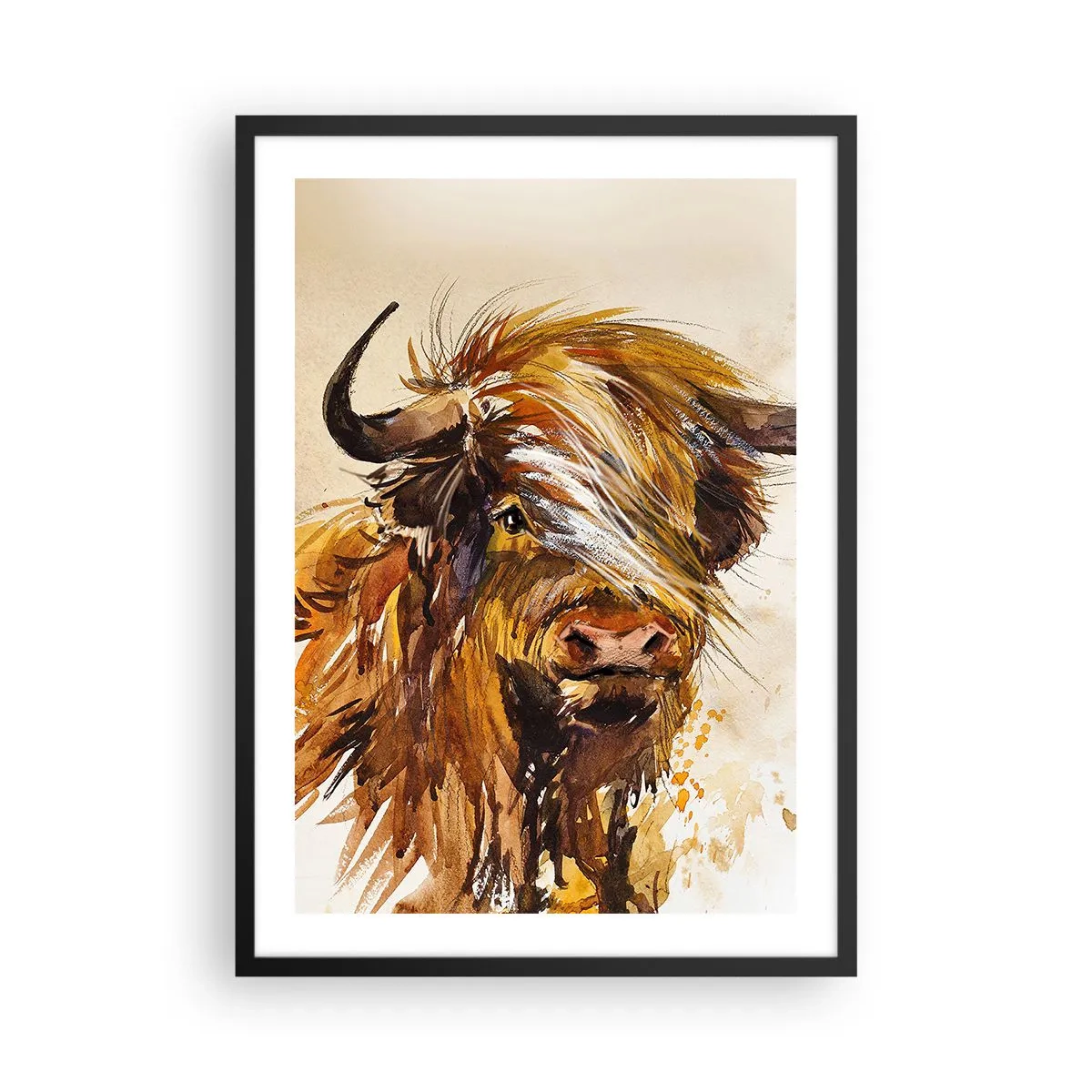 Póster en marco negro - Retrato de un toro en estilo artístico de acuarela. - 50x70cm - El orgullo del líder - Decoración de pared moderna para salón y dormitorio ARTTOR