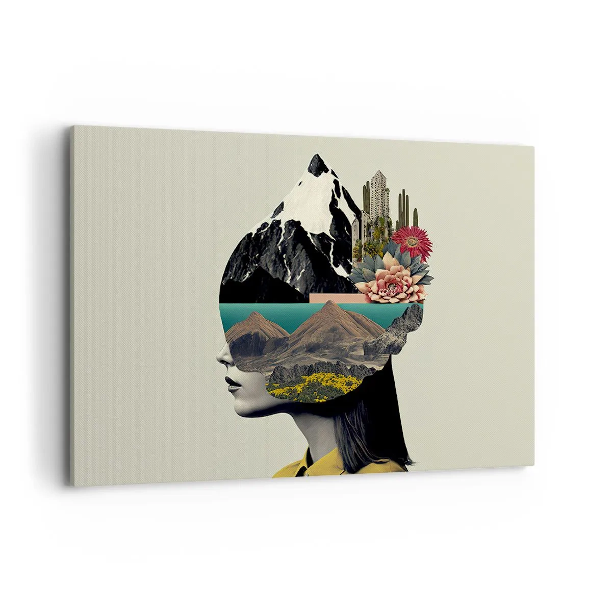 Cuadro sobre lienzo - Impresión de Imagen - Collage de una mujer con un paisaje de montaña y flores. - 100x70cm - La mujer, siempre un misterio - Decoración de pared moderna para salón y dormitorio ARTTOR
