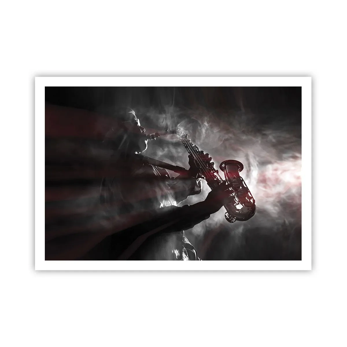 Póster - Saxofonista en humo en el escenario en negro y rojo atmosférico - 100x70cm - En el vapor del jazz - Decoración de pared moderna para salón y dormitorio ARTTOR