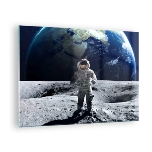 Cuadro sobre vidrio - Impresiones sobre Vidrio - Astronauta en la superficie de la Luna con la Tierra al fondo - 70x50cm - Saludos desde la Luna - Decoración de pared moderna para salón y dormitorio ARTTOR