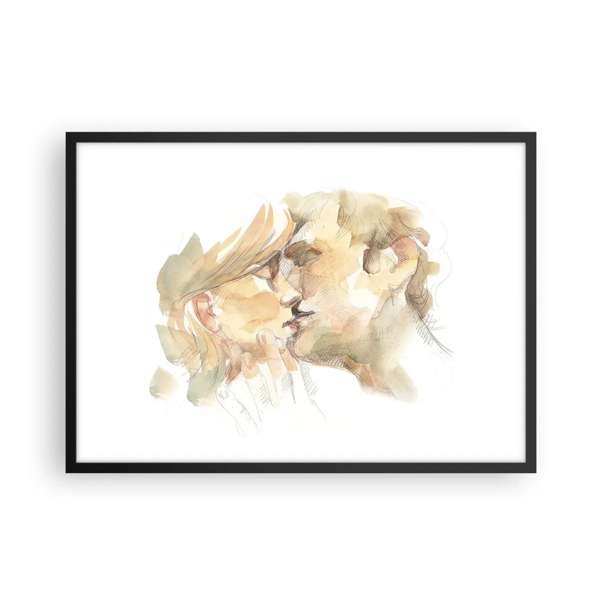 Póster en marco negro - Retrato romántico en acuarela de una pareja besándose. - 70x50cm - ¿La media naranja encontrada? - Decoración de pared moderna para salón y dormitorio ARTTOR