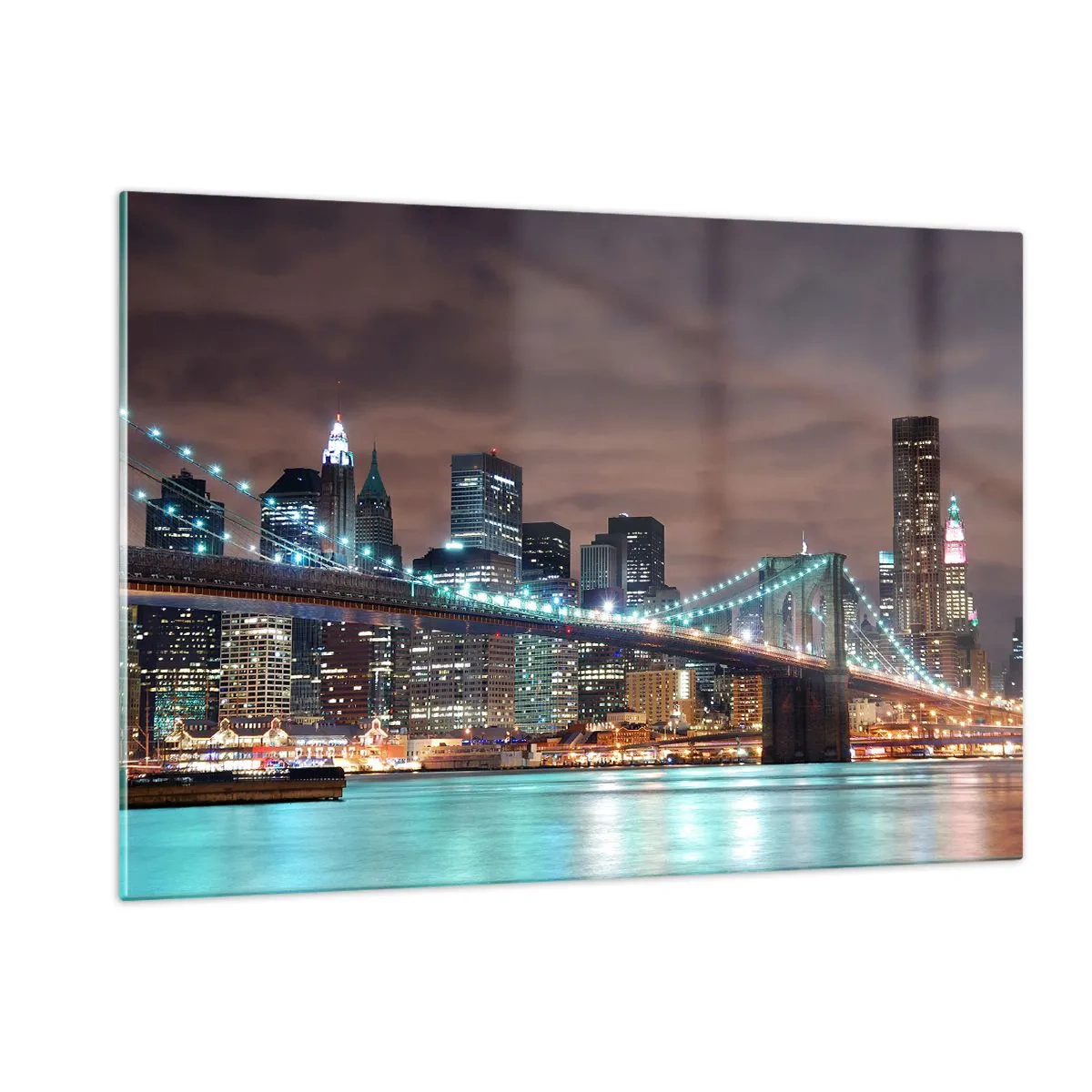 Cuadro sobre vidrio - Impresiones sobre Vidrio - Panorama nocturno de la ciudad con el puente iluminado - 120x80cm - Las luces de la gran ciudad - Decoración de pared moderna para salón y dormitorio ARTTOR