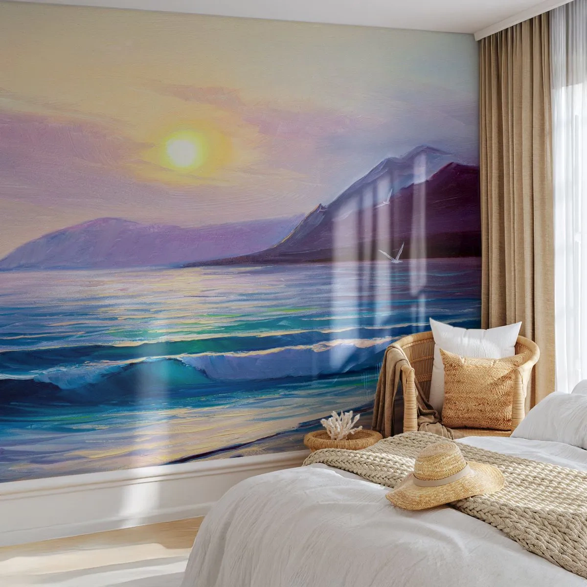 Fotomural Premium Sand - Una pintoresca puesta de sol sobre un mar en calma. - 100x70cm - Cristal de agua y aire - Decoración de pared moderna para salón y dormitorio ARTTOR