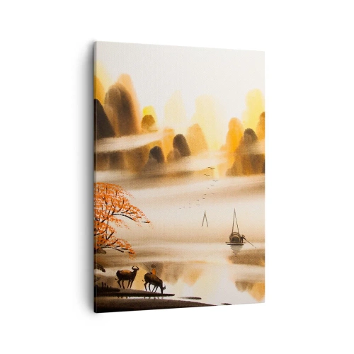 Cuadro sobre lienzo - Impresión de Imagen - Un paisaje oriental con un río, montañas y una suave niebla. - 50x70cm - Más allá del Lejano Oriente - Decoración de pared moderna para salón y dormitorio ARTTOR