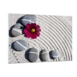 Cuadro sobre vidrio - Impresiones sobre Vidrio - Piedras con rayas blancas y una flor morada sobre la arena en estilo zen. - 120x80cm - Energía y paz del círculo mágico de la naturaleza - Decoración de pared moderna para salón y dormitorio ARTTOR