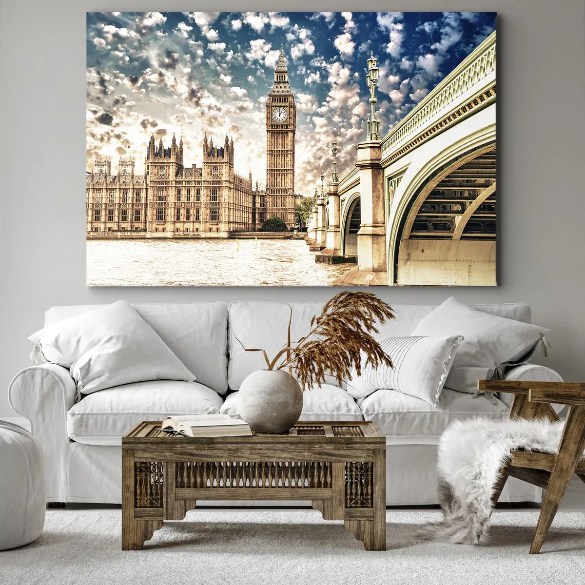 Cuadro sobre lienzo - Impresión de Imagen - El Big Ben y el puente de Westminster iluminados por el sol en Londres - 70x50cm - Nubes sobre el Támesis - Decoración de pared moderna para salón y dormitorio ARTTOR