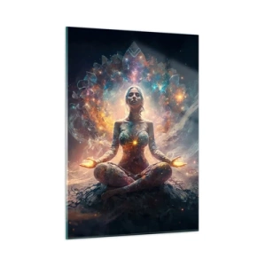 Cuadro sobre vidrio - Impresiones sobre Vidrio - Una mujer meditando en un aura luminosa de energía y color. - 50x70cm - Flujo de buena energía - Decoración de pared moderna para salón y dormitorio ARTTOR
