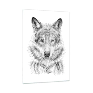 Cuadro sobre vidrio - Impresiones sobre Vidrio - Boceto en blanco y negro de la cabeza de un lobo sobre un fondo blanco. - 50x70cm - Un líder nato - Decoración de pared moderna para salón y dormitorio ARTTOR