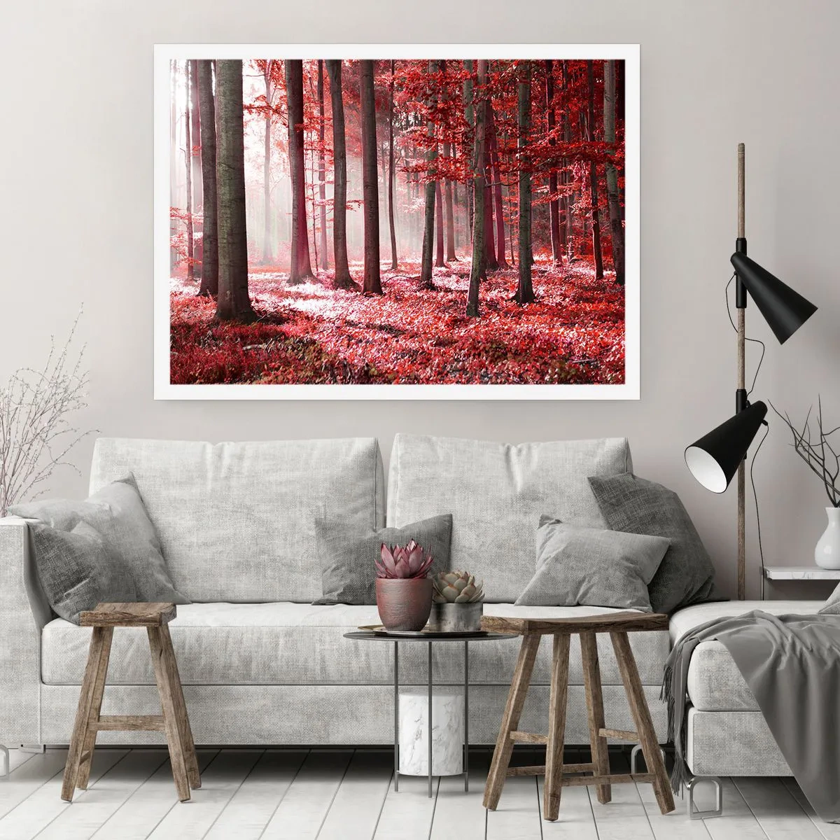 Póster - Un impresionante bosque en tonos rojos con rayos de luz que penetran a través de los árboles. - 100x70cm - Rojo como el que más - Decoración de pared moderna para salón y dormitorio ARTTOR