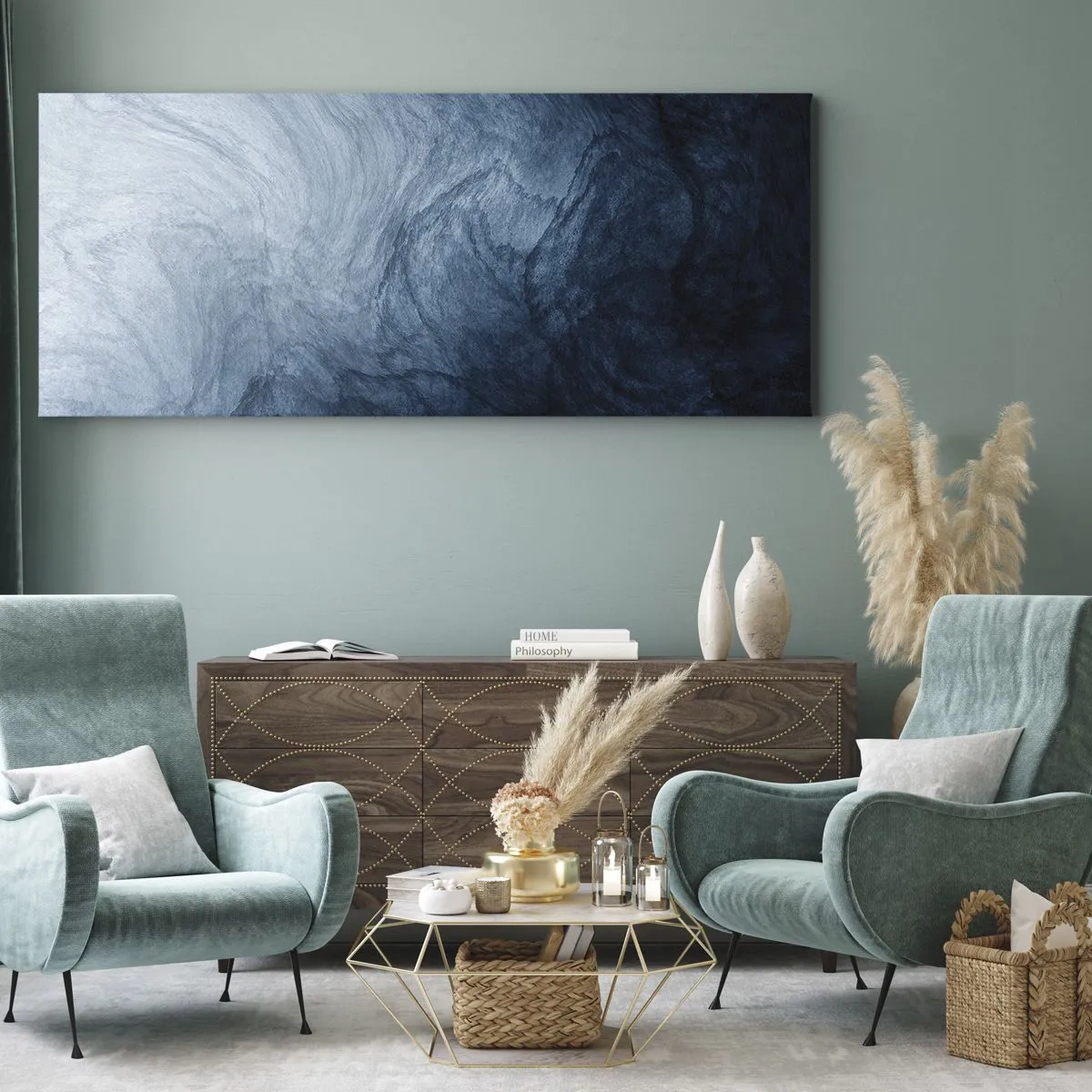 Cuadro sobre lienzo - Impresión de Imagen - Una composición abstracta en tonos azules y azul marino. - 160x50cm - En las profundidades - Decoración de pared moderna para salón y dormitorio ARTTOR