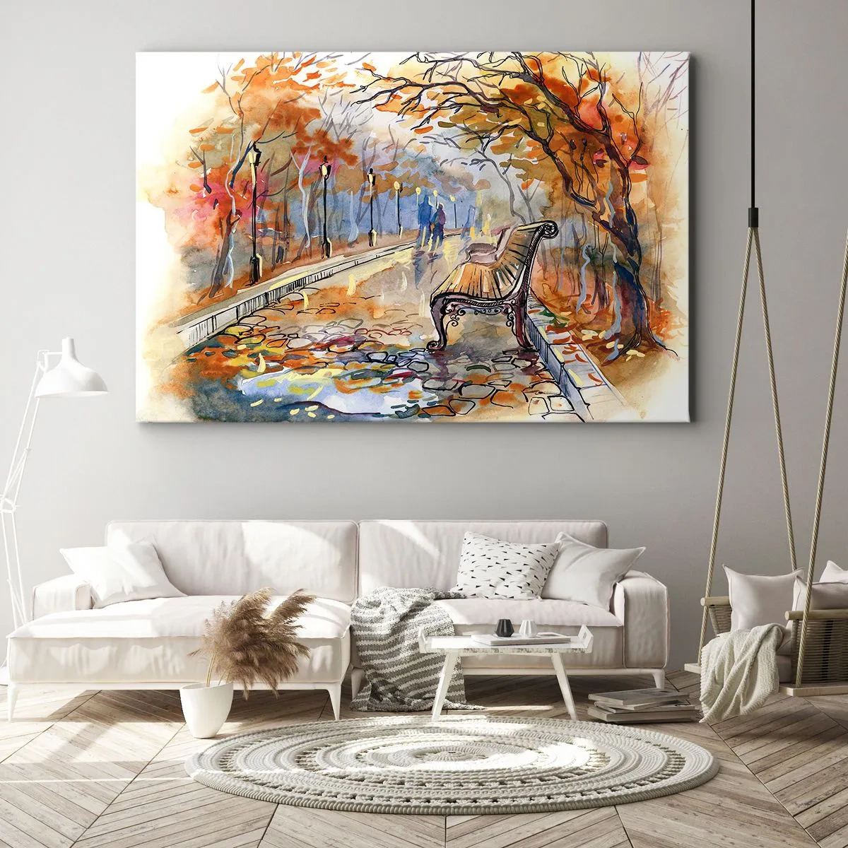 Cuadro sobre lienzo - Impresión de Imagen - Un parque otoñal con un banco en acuarela. - 70x50cm - Caminemos juntos hacia el otoño - Decoración de pared moderna para salón y dormitorio ARTTOR