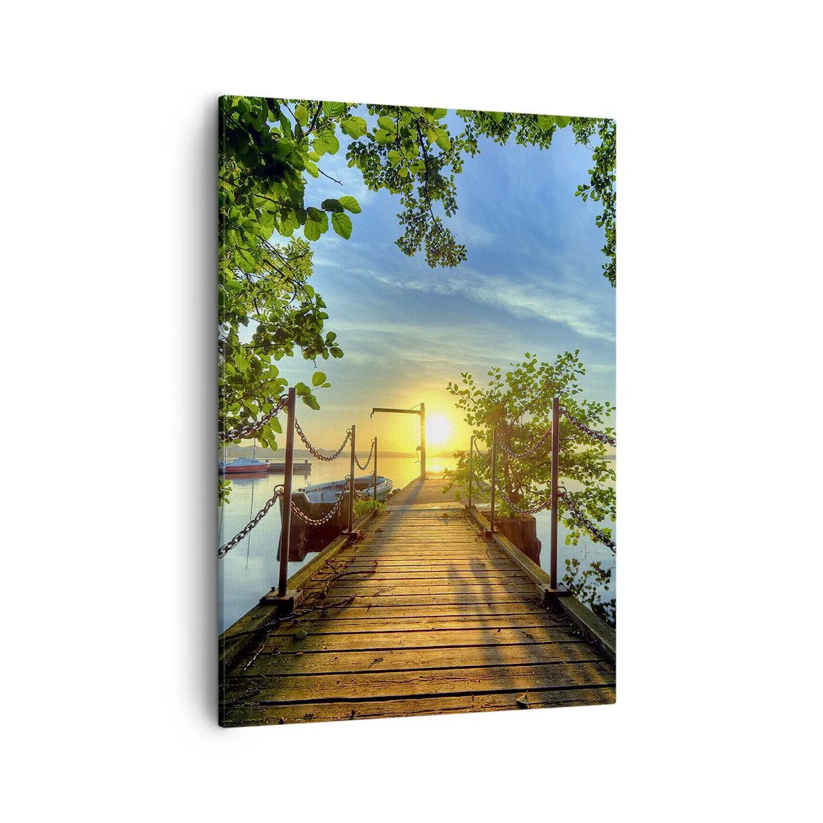 Cuadro sobre lienzo - Impresión de Imagen - Un muelle sobre el lago bajo los rayos del atardecer. - 50x70cm - Atardecer junto al agua - Decoración de pared moderna para salón y dormitorio ARTTOR