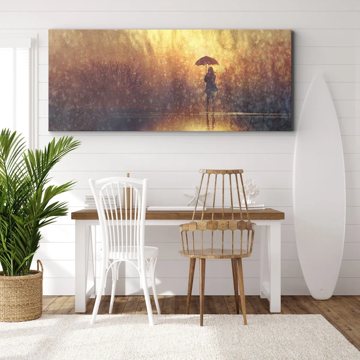 Cuadro sobre lienzo - Impresión de Imagen - Una figura con un paraguas en un paisaje brumoso lleno de reflejos. - 120x50cm - Siento que alguien me mira - Decoración de pared moderna para salón y dormitorio ARTTOR