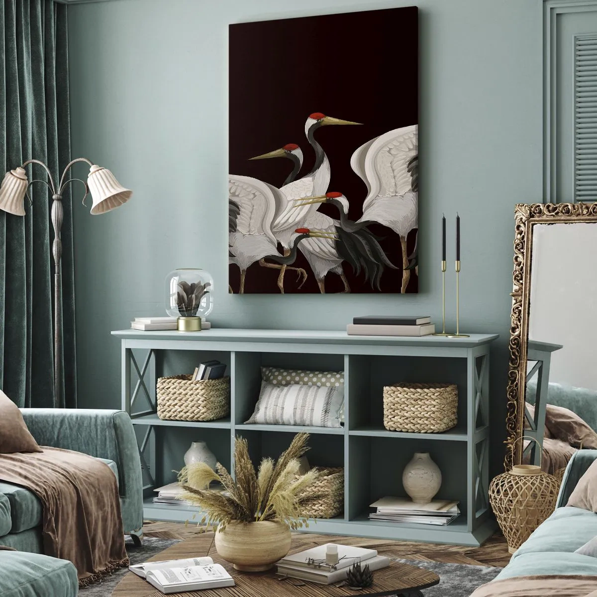 Cuadro sobre lienzo - Impresión de Imagen - Grúas blancas con acentos rojos sobre fondo negro - 50x70cm - Asuntos de aves - Decoración de pared moderna para salón y dormitorio ARTTOR
