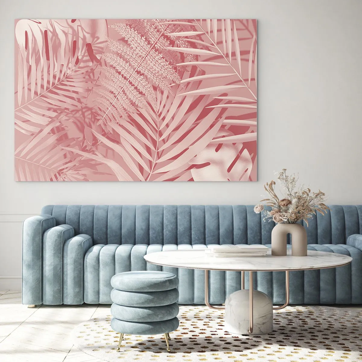 Cuadro sobre vidrio - Impresiones sobre Vidrio - Hojas tropicales rosas en una composición moderna. - 70x50cm - Concepto rosa - Decoración de pared moderna para salón y dormitorio ARTTOR