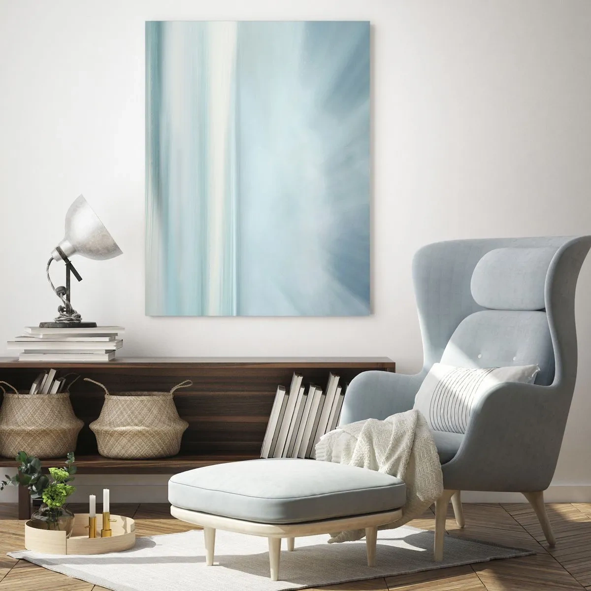 Cuadro sobre vidrio - Impresiones sobre Vidrio - Un paisaje minimalista en delicados tonos azules. - 80x120cm - Paz hasta el horizonte - Decoración de pared moderna para salón y dormitorio ARTTOR