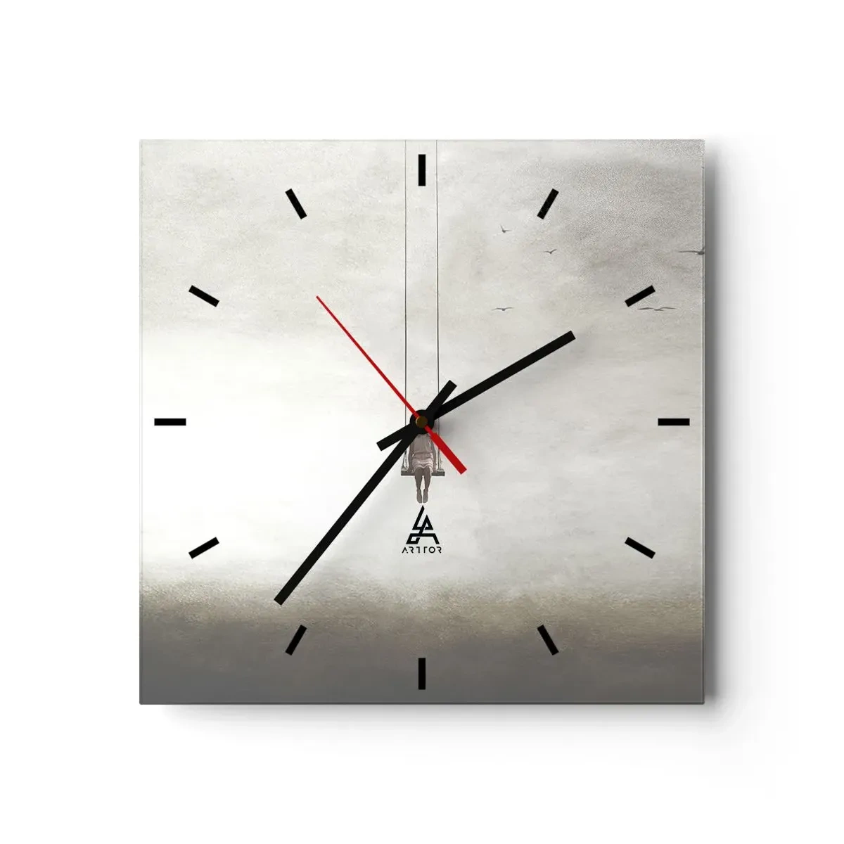 Reloj de pared - Reloj de vidrio - Una figura en un columpio suspendida en el espacio. - 30x30cm - El niño que llevamos dentro - Decoración de pared moderna para salón y dormitorio ARTTOR