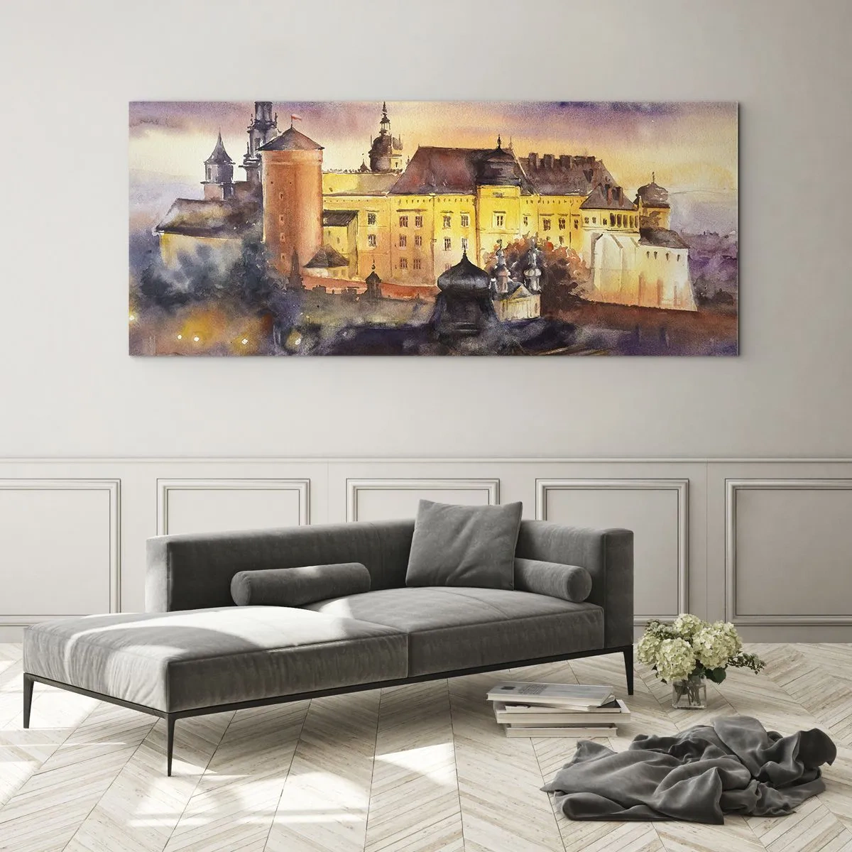 Cuadro sobre vidrio - Impresiones sobre Vidrio - Una pintoresca pintura de acuarela de un castillo al atardecer. - 140x50cm - Una historia y un cuento - Decoración de pared moderna para salón y dormitorio ARTTOR