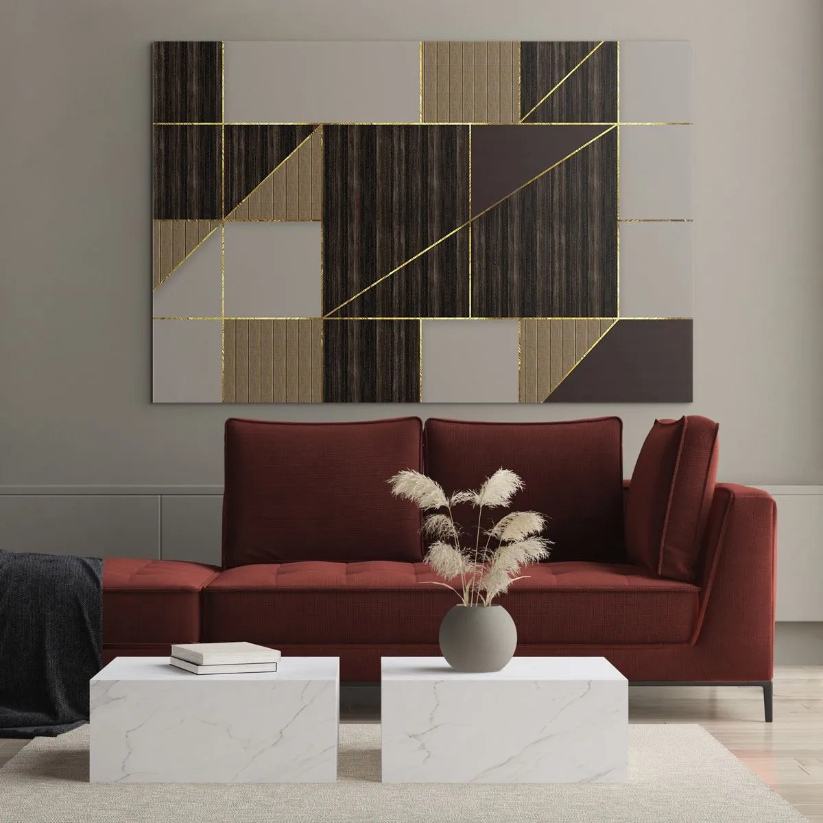 Cuadro sobre vidrio - Impresiones sobre Vidrio - Mosaico abstracto con elementos marrones y dorados. - 70x50cm - Un mosaico de marrones y dorados - Decoración de pared moderna para salón y dormitorio ARTTOR