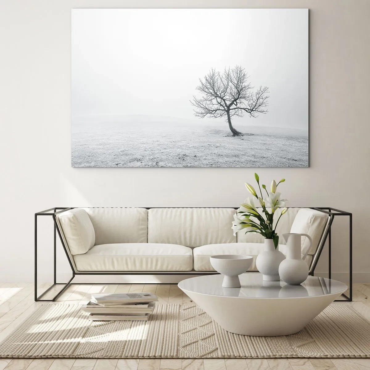 Cuadro sobre vidrio - Impresiones sobre Vidrio - Un árbol solitario contra la niebla en una composición monocromática. - 100x70cm - Contra la nada - Decoración de pared moderna para salón y dormitorio ARTTOR